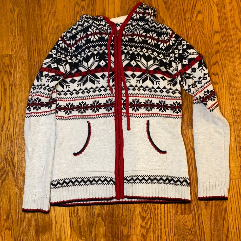 Full zip fair isle sweater Grey red black Sherpa hoodie ugly Christmas size M